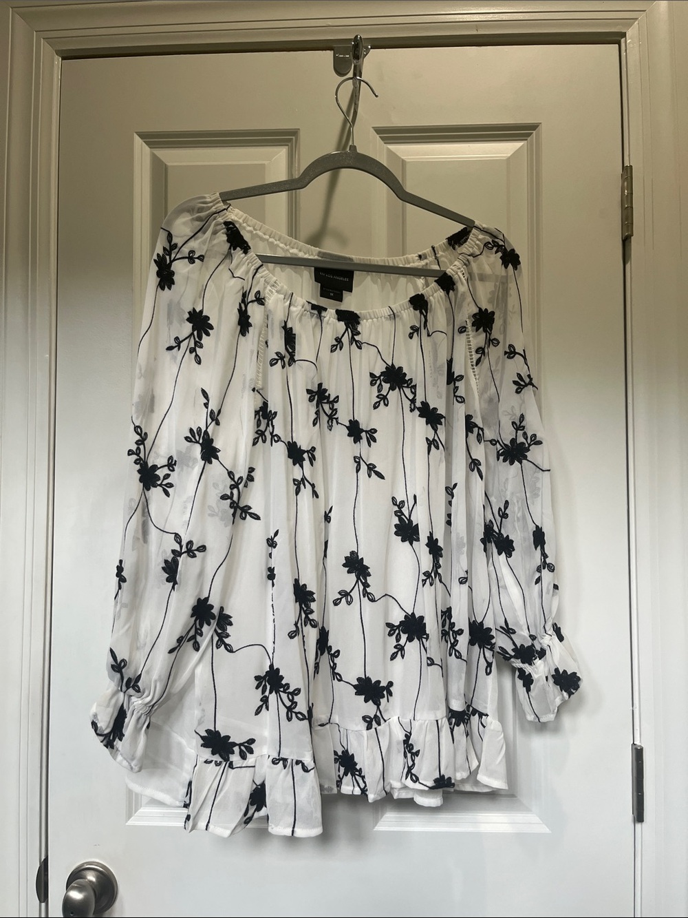 White Floral Peasant Top with Black Embroidery